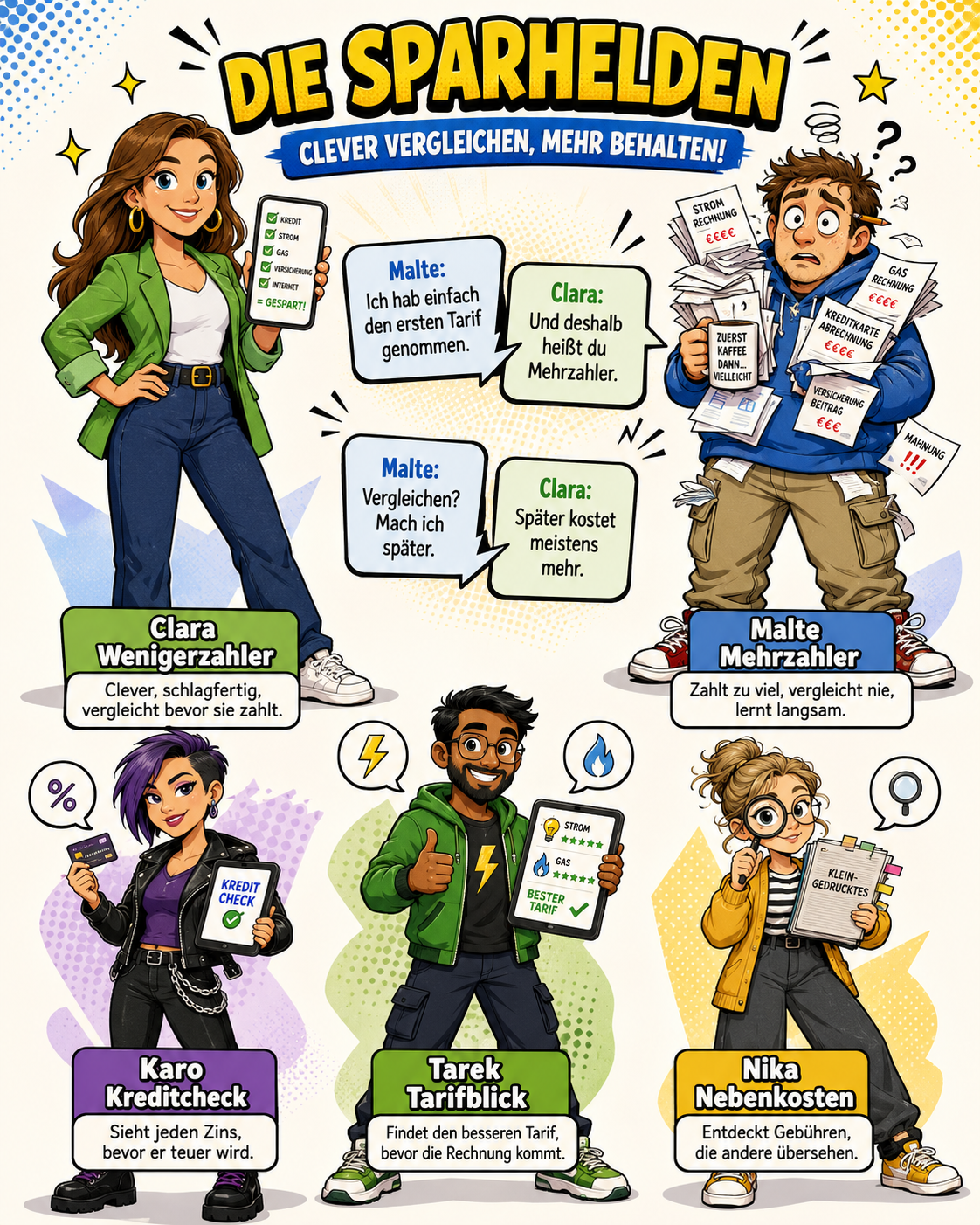 Die Sparhelden als großes Comic-Team im WenigerZahler-Stil
